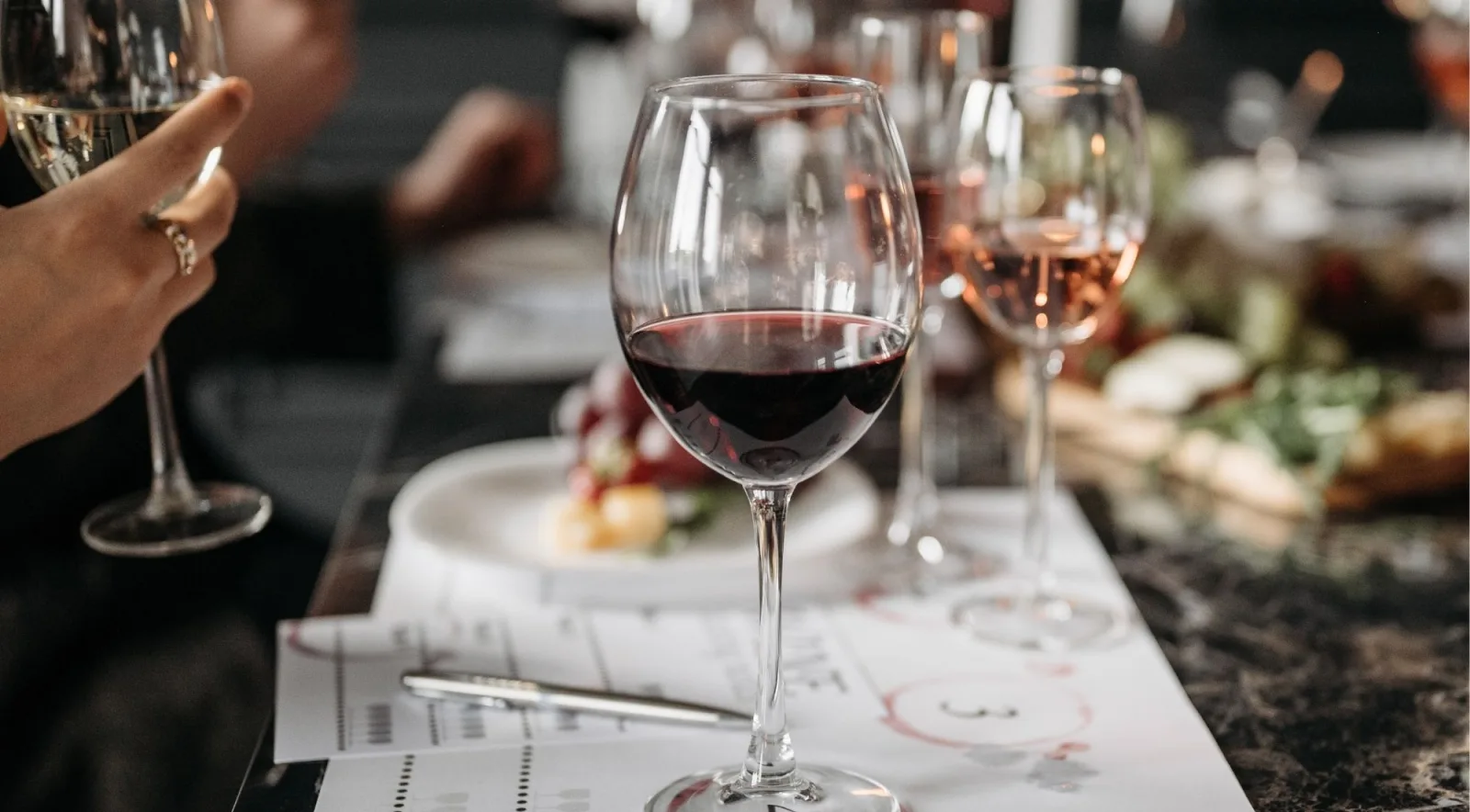 A hand raising a glass of white wine over a tasting mat, with red and rosé glasses and a cheese board alongside