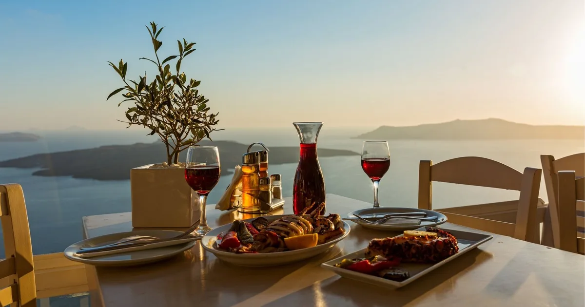 Two glasses of red wine on a table overlooking the Santorini caldera at sunset