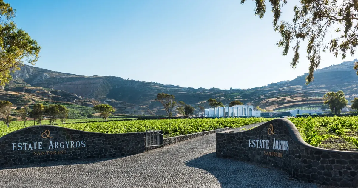 The entrance to Estate Argyros in Episkopi Gonia, one of the Santorini wineries that stays open in winter
